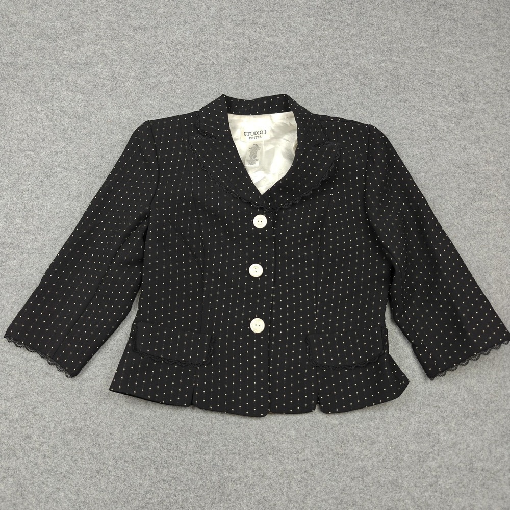 Studio I Petite Blazer Womens 8P Black Pinstripe Three Button Vintage Lined
